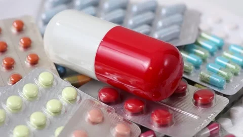 Closeup of rotating big red and white pill on top of medicine blisters Stock Footage 286218746