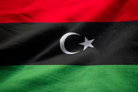 Closeup of Ruffled Libya Flag, Libya Flag Blowing in Wind Stock Photos