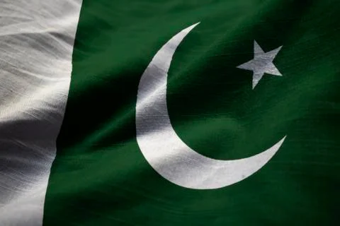 Closeup of Ruffled Pakistan Flag, Pakistan Flag Blowing in Wind Stock Photos