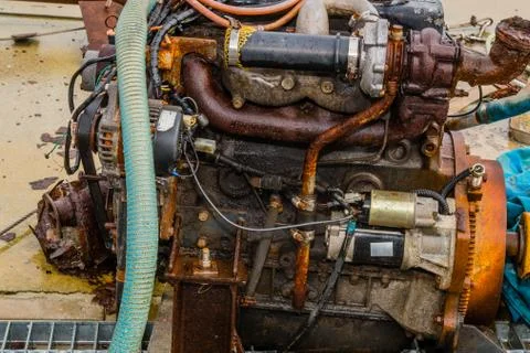 Closeup of rusted inboard engine Stock Photos