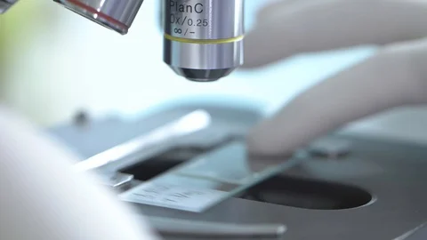 Closeup sampling on the microscopic at the Medical Lab Stock Footage 129495248