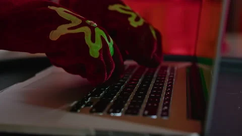 Closeup of santa claus hands typing on laptop Stock Footage 221014335