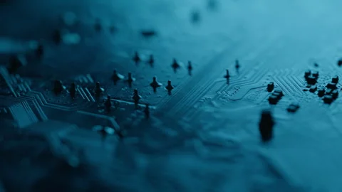 Closeup schematic controlling flow in electric grid motherboard. Macro view Stock Footage 332671541