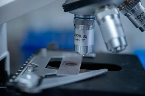 Closeup of Scientific microscope data analysis in the laboratory Foto stock