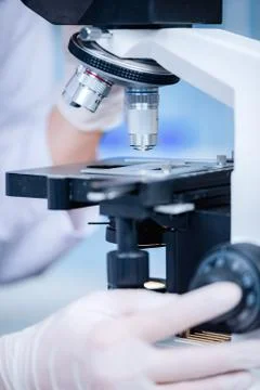 Closeup of Scientific microscope data analysis in the laboratory Stock Photos