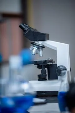 Closeup of Scientific microscope data analysis in the laboratory Stock Photos