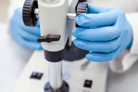 Closeup of scientist adjusting microscope 스톡 사진