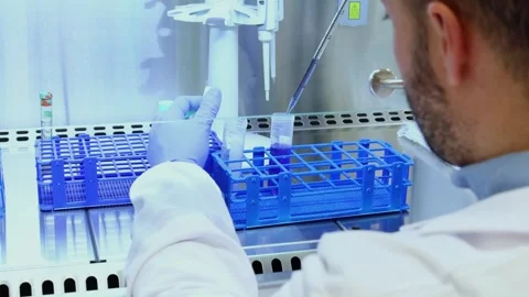 Closeup Scientist analyzing samples in sterile laboratory environment Stock Footage 296884391