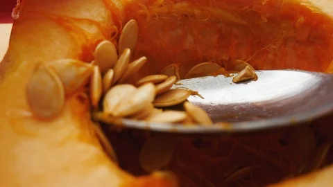 Closeup Scooping Seeds from an Acorn Squash Stock Footage 116630444