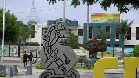Closeup of sculptures and monuments in the main square of Casma Stock Footage 197080839