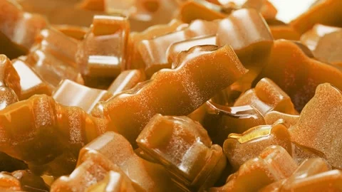 Closeup. Seamless Loop Background. Gummy bears candy. Calming coral jelly candy  Stock-Footage 197364257