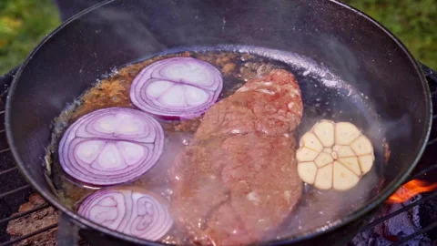Closeup Of Seasoned Beef Seared In Cast Iron Over Charcoal With Herbs Video stock 326022251