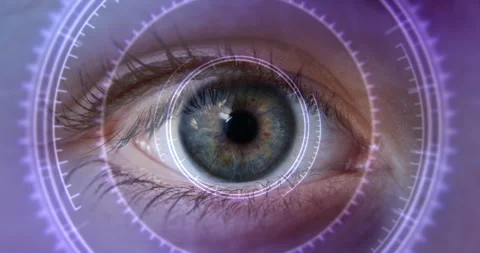 Closeup sequence of different eyes with futuristic high technology hud - Loop Vidéo 251043528