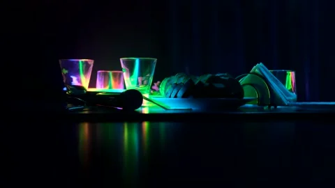 Closeup served table banquet hall or disco bar Stock Footage 145364876