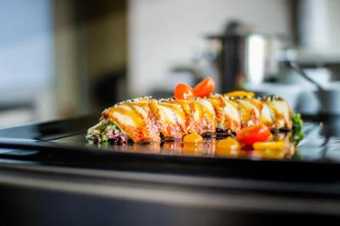 Closeup serving of salad with eel Stock Photos