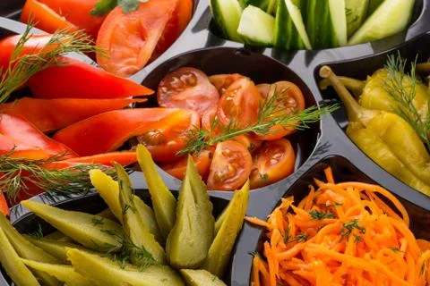 Closeup set different canapes and snacks Foto stock