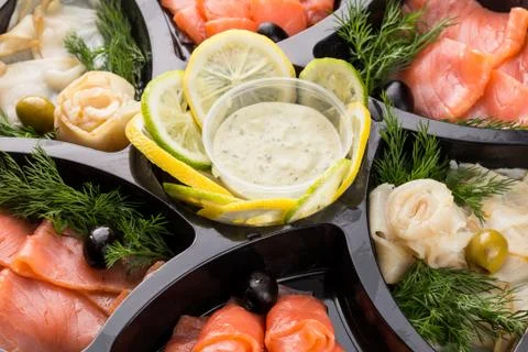 Closeup set different canapes and snacks Stock Photos