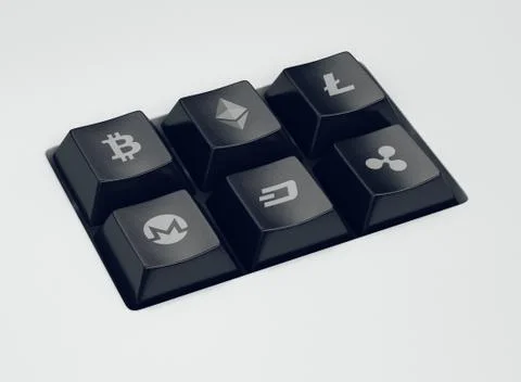 Closeup of set of six keyboard buttons with most popular cryptocurrency symbo Stock Illustration