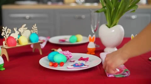 Closeup of Setting the Table for Easter Dinner Stock Footage 153615564