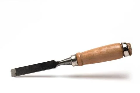Closeup sharp chisel wooden handle white background Close up of sharp chis... Foto stock