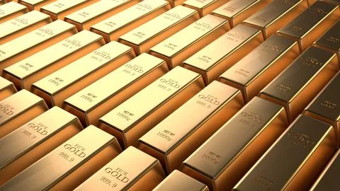 Closeup shiny gold bar arrangement in a row. Business Gold future and finan.. Stock Illustration