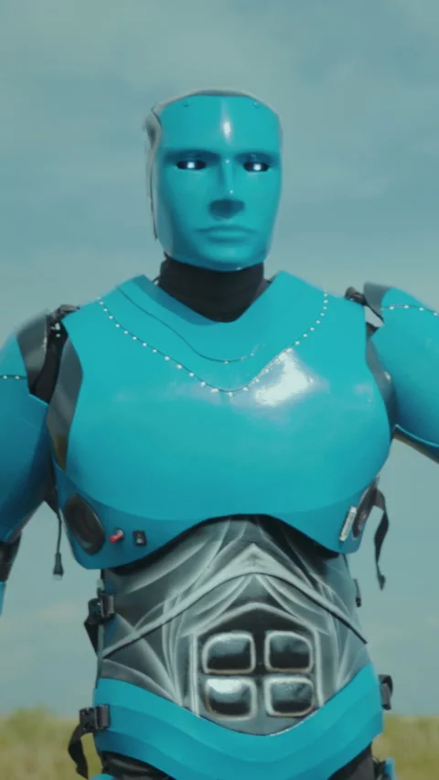 Closeup of shiny humanoid robot, Test environment showcasing experimental Stock Footage 335795105