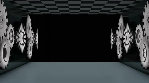 Closeup shiny modern corridor design with cog spinning decoration. Stock Footage 152832974