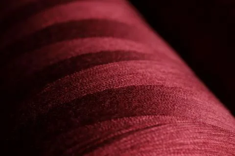 Closeup on shiny surface of a bobbin with neat wound deep red thread Stock Photos