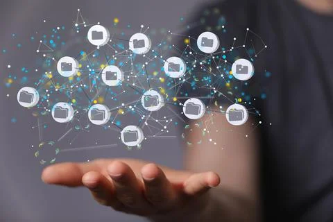 A closeup shot of a 3d Augmented Analytics Data cloud storage network from li Stock Photos
