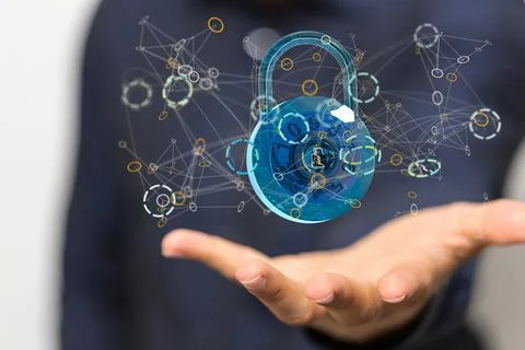 A closeup shot of  the 3d rendered lock in woman's hand  - Internet and busin Stock Photos