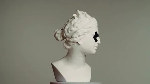 Closeup shot. Ancient marble bust statue of roman era woman with sticking tape 스톡 동영상 249184947