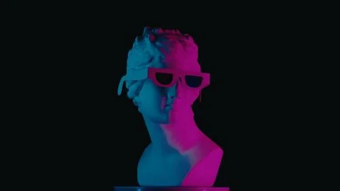 Closeup shot. Ancient marble bust statue of roman era woman in 3d glasses, neon Stock Photos