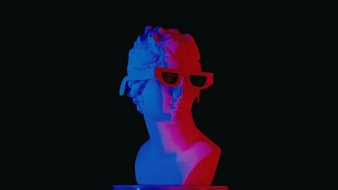Closeup shot. Ancient marble bust statue of roman era woman in 3d glasses red Stock Photos