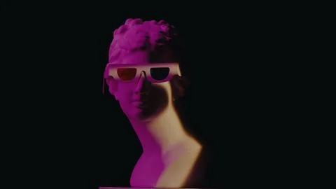 Closeup shot. Ancient marble bust statue of roman era woman in 3d glasses in Stock Photos