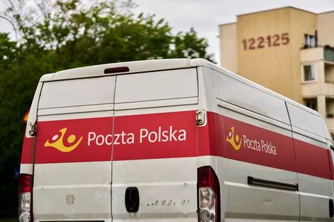 Closeup shot of the back part of Poczta Polska company van for mail delivery Stock Photos