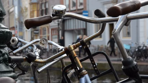 Closeup shot bicycle handlebar Stock Footage