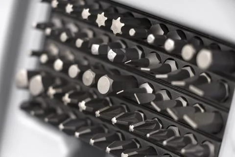 Closeup shot of bit drivers in a toolset Stock Photos
