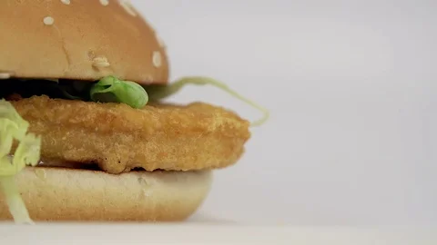 Closeup shot of a burger falling in slow motion filmed on white. Room for copy s Vídeo Stock 72622362