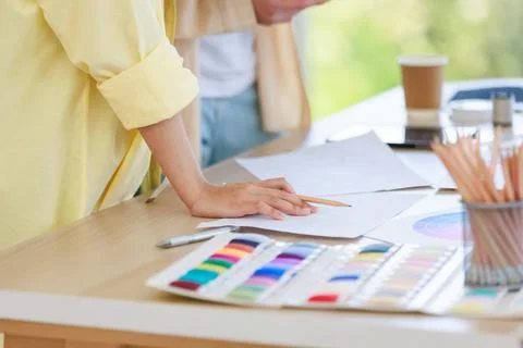Closeup shot of colorful thread pattern collection placed on working table .. Stock Photos