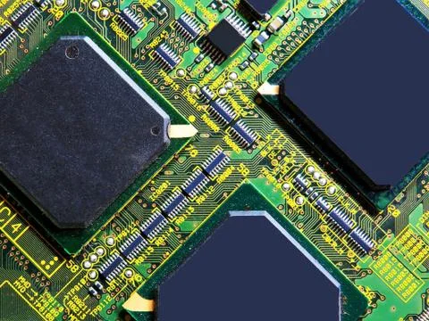 Closeup shot of computer memory chip with three processors 스톡 사진