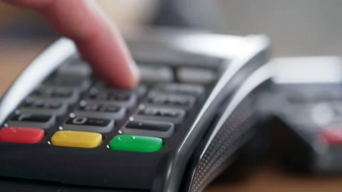 Closeup shot of customer pay over the wireless tradings card-reader. Adult human Stock Footage 199491681