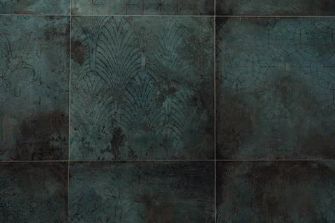 Closeup shot of dark blue patterned tiles of a bathroom wall - for background Stock Photos