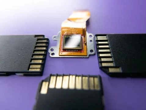 Closeup shot of a digital camera Ccd sensor and black SD cards on a purple backg Stock Photos
