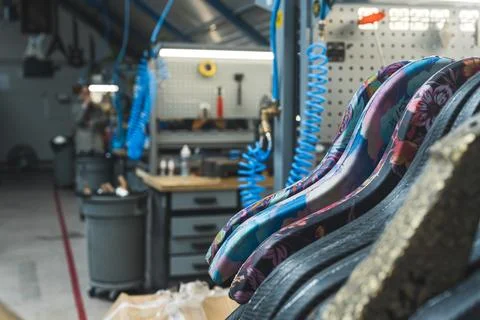 Closeup shot of guitar different frames in the factory, producing guitars Stock Photos