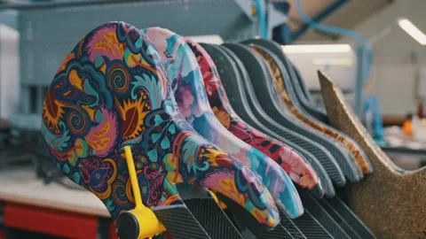 Closeup shot of guitars with beautiful patterns at the factory Stock Footage 274475677