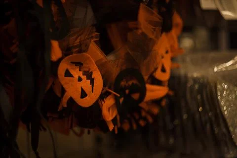 Closeup shot of Halloween decorative elements, felt carved pumpkin Stock Photos