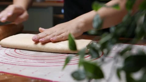 Closeup shot of hands Baker kneading dough flour on table, Close-up kitchen.. Stock Footage 272469629