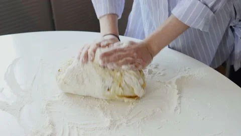 Closeup shot of hands of chef applying flour on dough, woman kneading dough Stock Footage 146915291