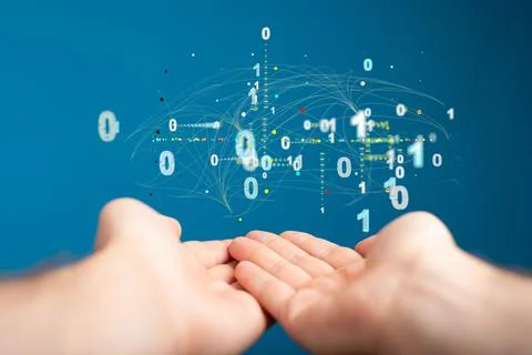 Closeup shot of hands with encryption numbers and digital lines above on a blue 스톡 사진