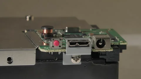Closeup shot of a hard drive. Different small components. Technology. Stock Footage 265078728